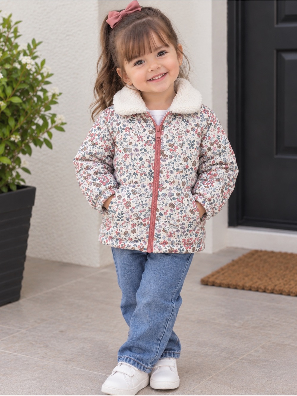 Carter's Floral Sherpa-Trim Puffer Jacket in Cream and Dusty Rose